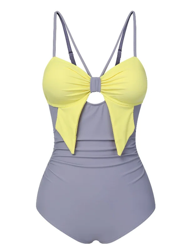 swimsuit with a sleek designPurple & Yellow 1950s Cut Out Contrast Bow Swimsuit