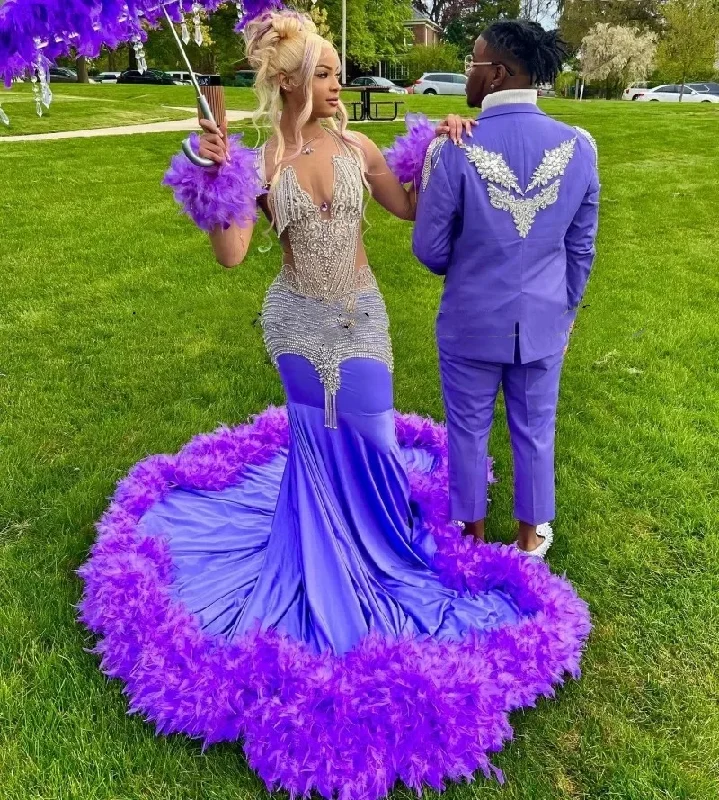 Loose-fitting dresses for womenLuxury Purple Prom Dresses For Black Girls 2024 Rhinestone Feathers African Women Mermaid Party Gowns Vestidos De Festa