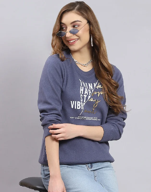 women's hooded sweatshirts with a cable knit patternWomen Blue Printed Round Neck Full Sleeve Sweatshirt