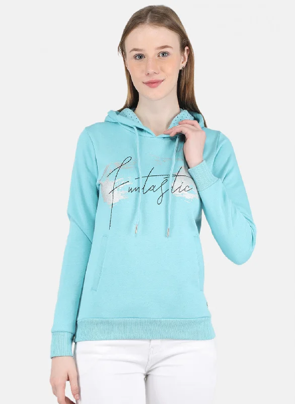 women's hooded jumpers with a distressed lookWomen Blue Printed Sweatshirt