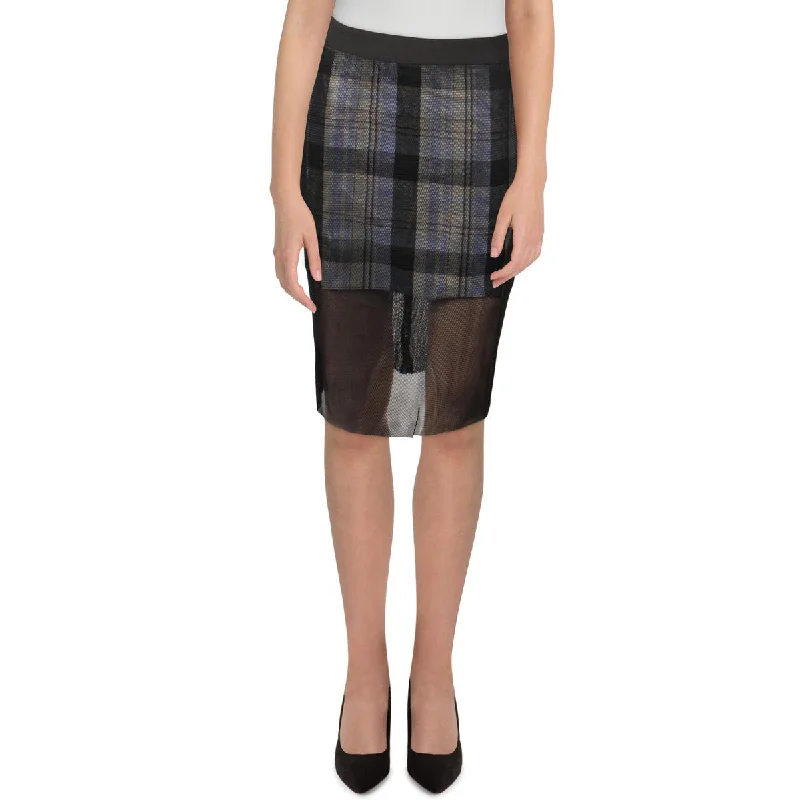 Midi women's skirtsWomens Mesh Plaid Pencil Skirt