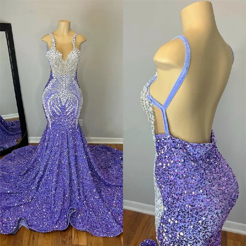 Beach dresses for casual outingsSpaghetti Backless Velvet Sequin Sliver Crystal Beading Prom Dresses Mermaid Birthday Dress For Black Girl Luxury Cocktail