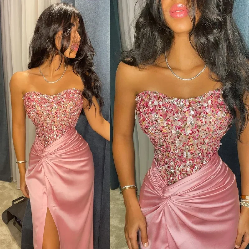 Floral dresses for womenModern Sequin Strapless Prom Dresses with Sleeveless Floor Length Mermaid Satin Formal Dress with Slit vestido de gala