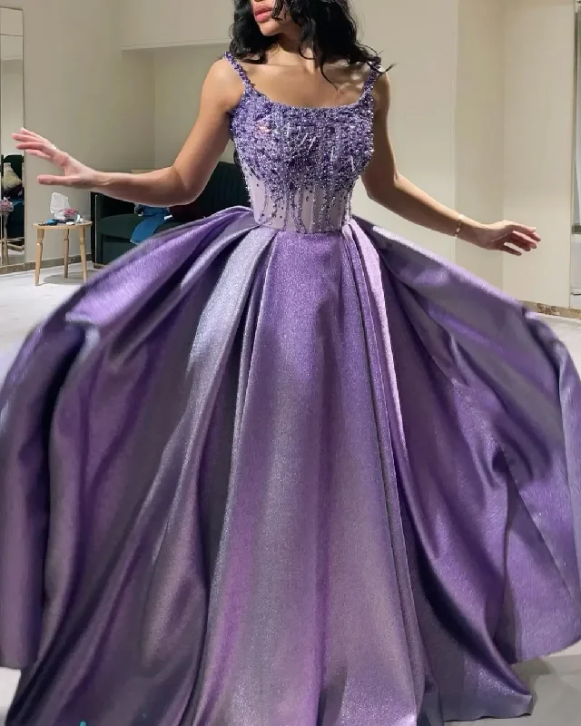 Workwear women's dressesSaudi Arabia Purple Beads Sparkly Evening Dresses Spaghetti Floor-Length Sleeveless Prom Dresses Gorgeous Formal Party Dress