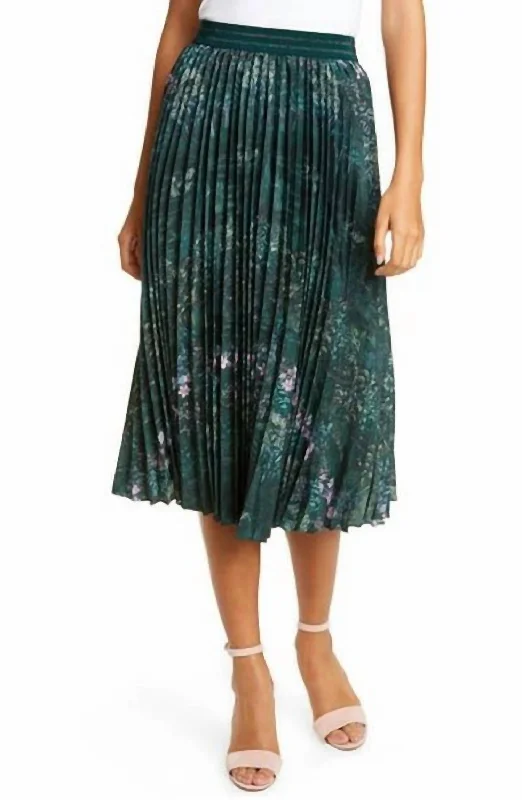 Linen women's trousersMidi Pleated Floral Print Skirt In Green