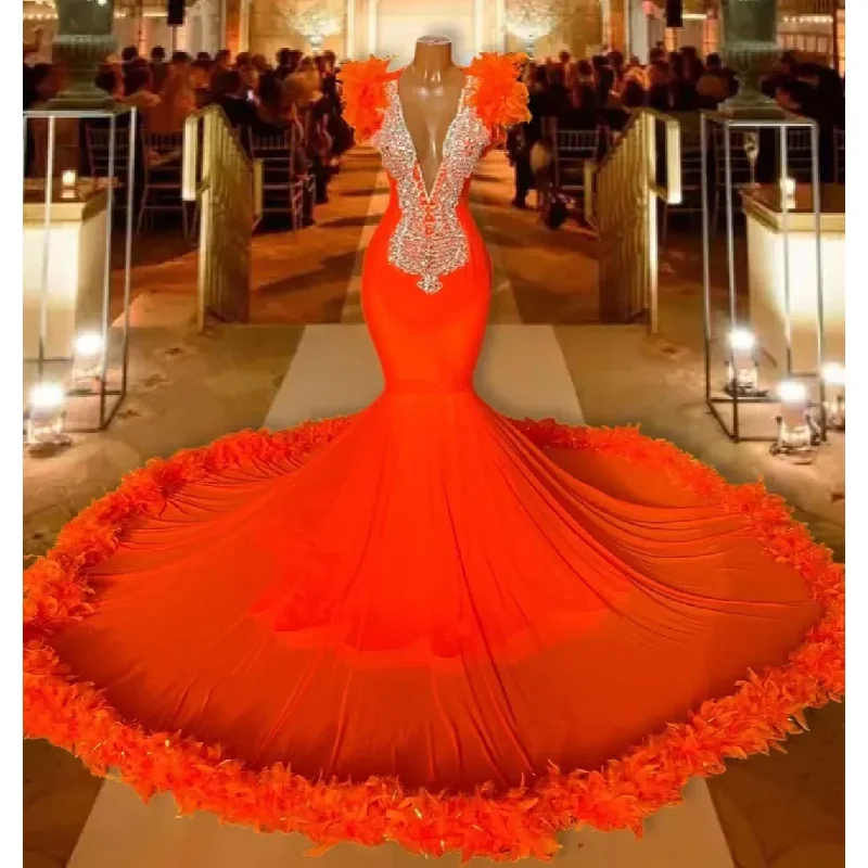 Day dresses for everyday wearLuxury Orange Mermaid Prom Dresses 2024 For Black Girls Feathers Bottom Beading Crystal Deep V Neck Evening Party Gowns Birthday