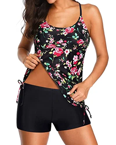 casual swimsuitModest Coverage Long Torso Tankini Swimsuits For Women-Black Floral