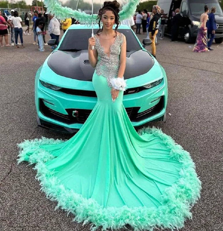 Women's casual dressesMint Green Feathers Sliver Crystal Beading Prom Dresses 2024 Luxury Gowns Mermaid Dress For Party Wedding Evening O Neck Formal