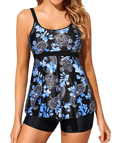 swimsuit for divingTwo Piece Tankini Bathing Suits For Women Tummy Control Swimsuits Boy Shorts-Blue Floral