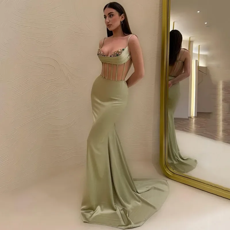 Petite dresses for womenNew Charming Light Green Sweetheart Mermaid Prom Party Dress Satin Spaghetti Strap Open Back Evening Dresses Vestidos de noche