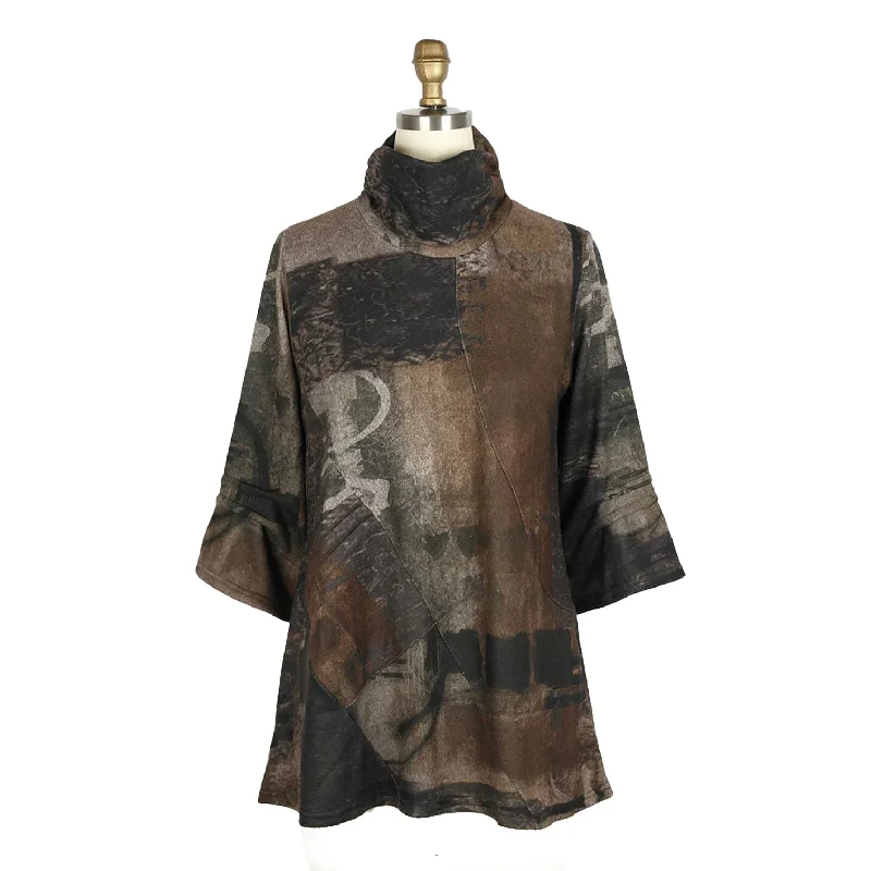 V-neck women's sweaterDamee Abstract Print Sweater Knit Tunic in Brown/Black - 9219