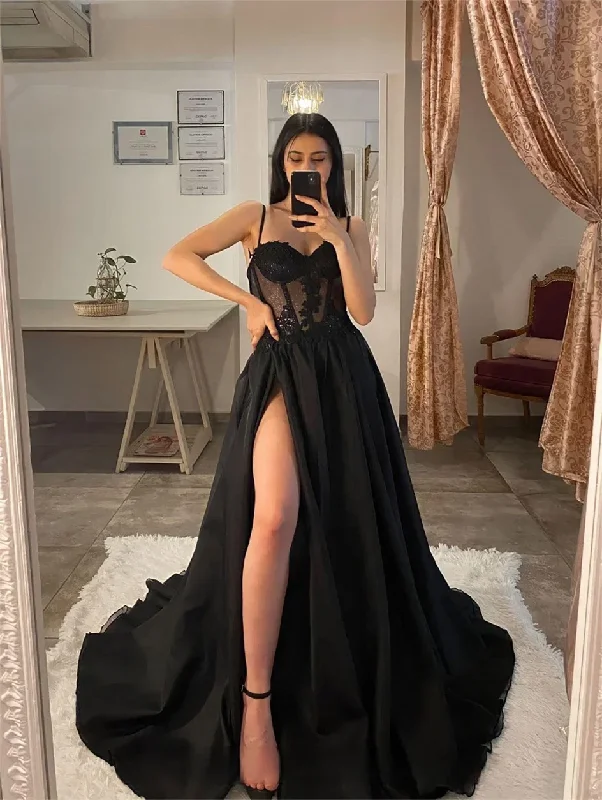 Plunging neckline dresses for womenShiny Tulle Evening Dress 2024 Sexy Black V-Neck StrapLlace Applique Party Dress A-line High Side Slit Formal Occasion Prom Gown