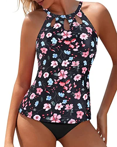 spandex swimsuitLong Torso Friendly High Waisted Tankini Set For Women-Black And Pink Floral