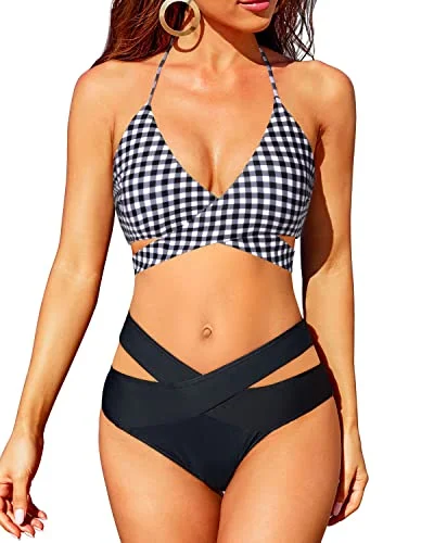 swimsuit for beach partiesTriangle Wrap Bandage Bikini Set With High Waisted Bottoms For Women-Black And White Checkered