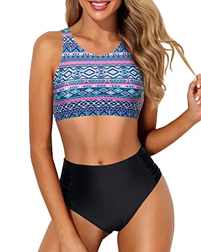 lycra swimsuitCrop Top High Waisted Two Piece Bikini For Large Breasted Women-Blue Tribal