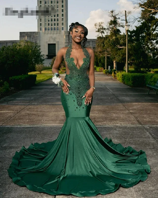 Long flowy dresses for womenLuxury Sparkly Diamonds Dark Green Prom Dress 2024 Sheer Neck Crystals Beads Rhinestone Party Dress Wedding Gown Robe