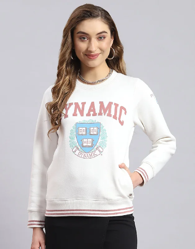 women's hooded pullovers with a pom-pom trim on the hoodWomen White Printed Round Neck Full Sleeve Sweatshirt