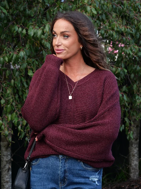 Cropped women's sweaterAlpine By Shine On Kara Ribbed Batwing Merino Jumper Claret