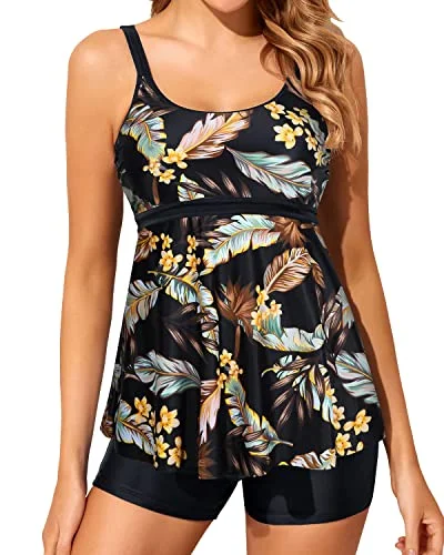 swimsuit accessoriesTwo Piece Tankini Bathing Suits For Women Slimming Swimming Suit-Brown Leaves