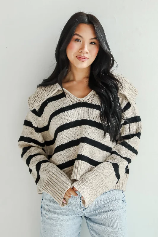 Elegant women's sweaterCoziest Cuddles Beige Striped Collared Sweater