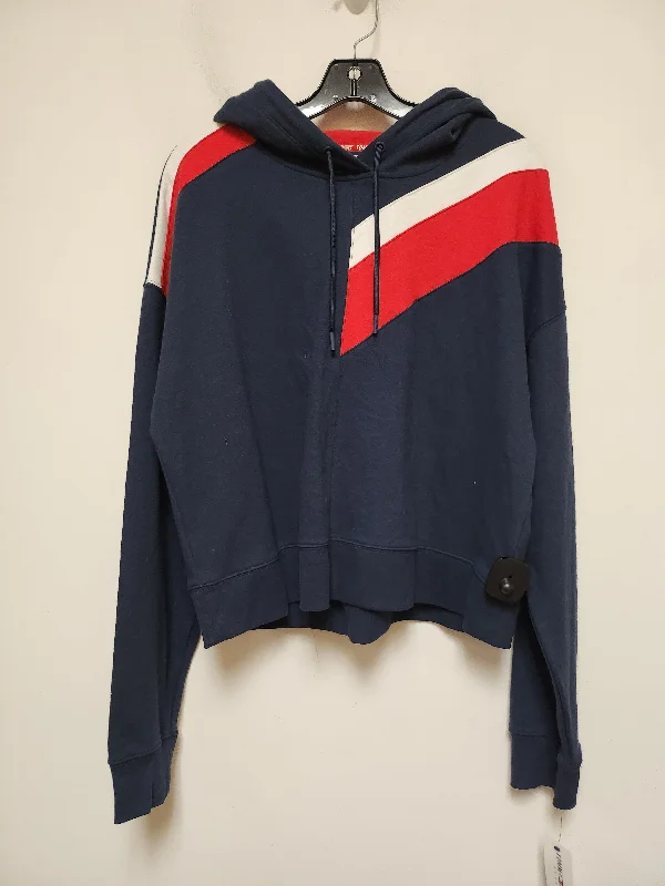 women's hooded jumpers with a fair isle knit designSweatshirt Hoodie By Tommy Hilfiger In Blue Red & White, Size: L