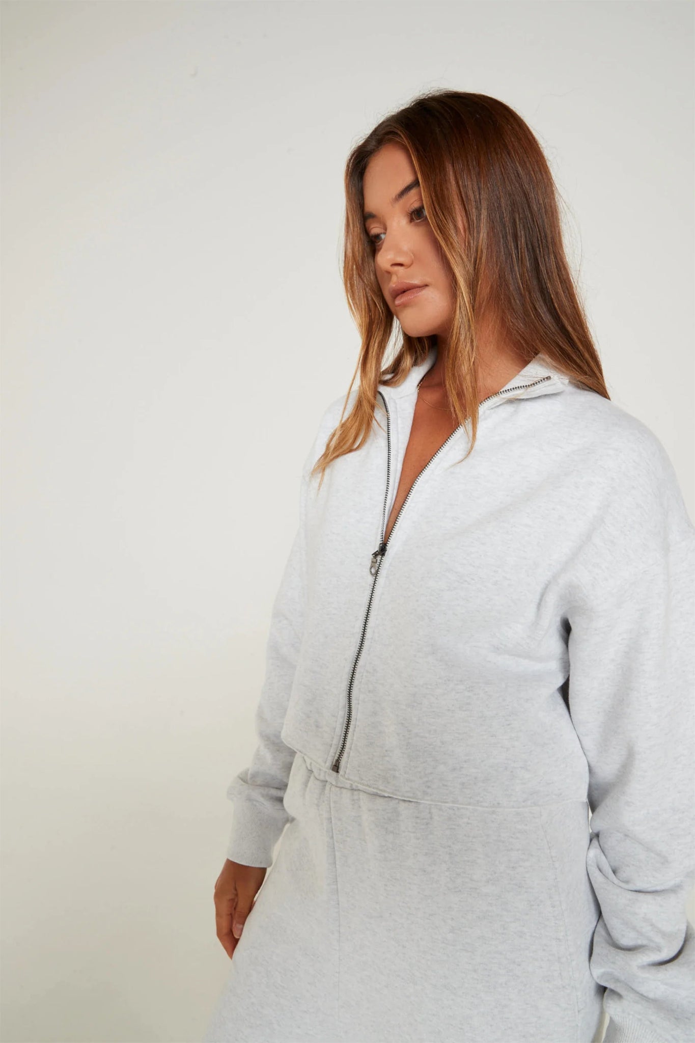 women's hooded jumpers with a ruffle trim on the sleeves and hoodLily Full Zip Sweater (White Marle)