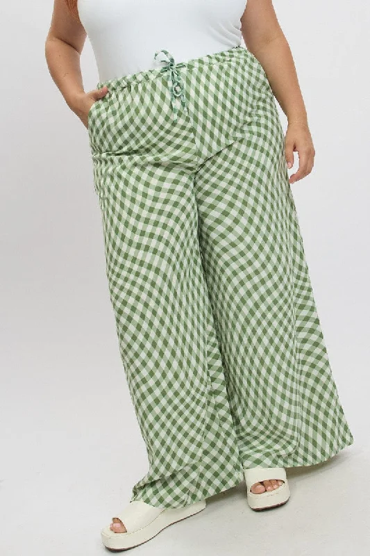 Leather women's pantsGreen Check Drawstring Waist Wide Leg Pants