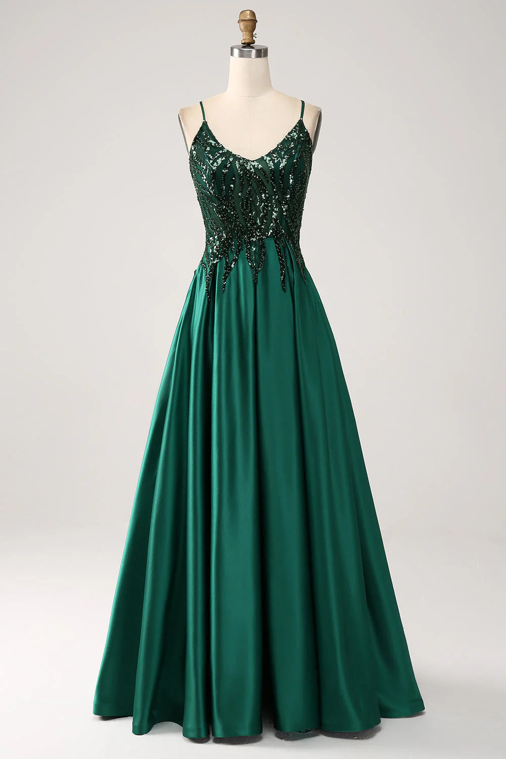 Solid color dresses for womenAmzcw Sparkly Dark Green A-Line Spaghetti Straps Long Prom Dress With Sequins prom dresses shops