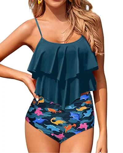 swimsuit for triathlonFlowy Tankini Top Tiered Ruffle Bikini Sets For Teen Girls-Blue Green Dinosaur