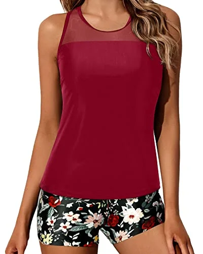 cut-out swimsuitAthletic Tankini Swimsuit Set Swim Shorts For Women-Red Floral