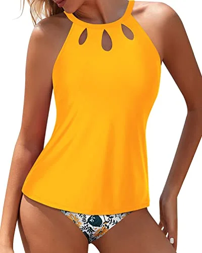 satin swimsuitHalter Backless Tankini Modest Tummy Control Bottom-Yellow Floral