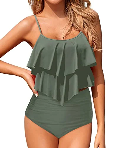 halter-neck swimsuitFlowy Two Piece Tummy Control Tankini Swimsuits For Women-Army Green