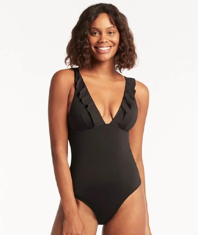 silicone swimsuitSea Level Eco Essentials Frill One Piece Swimsuit - Black