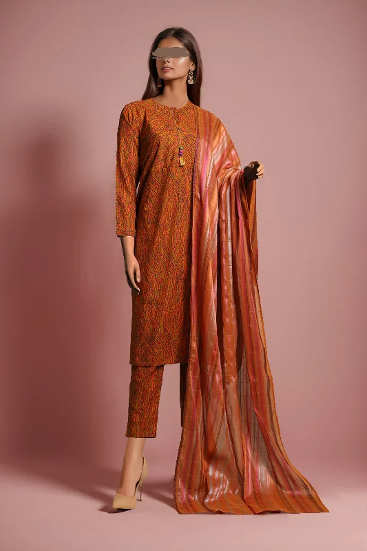 women's suit sets with wrinkle-resistant fabricsPrinted Khaddar Stitched 3 Piece