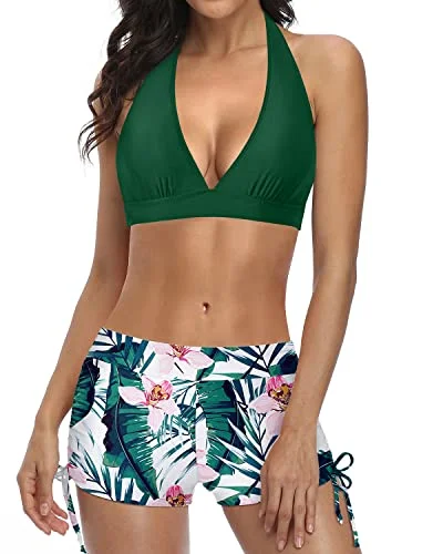 swimsuit with skirt overlayRemovable Padding Push Up Bikini With Boyshort Two Piece Swimsuit-Green Tropical Floral