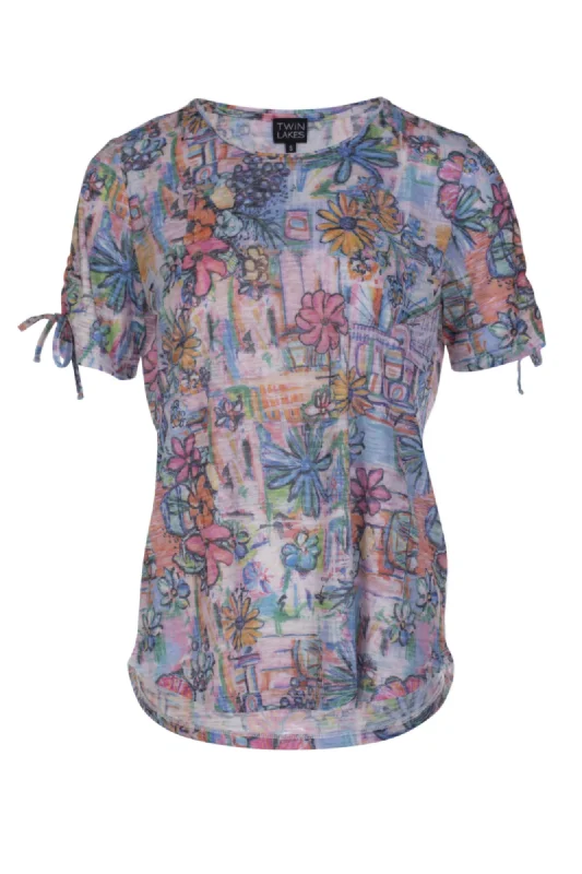 Racerback women's topsRouching and bow Burnout Top | Pink Botanics | 6064AR