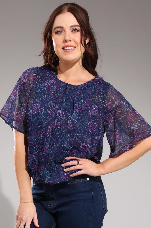 Limited edition women's topsPrinted Chiffon Top | Navy Purple Sketch | 8553A1