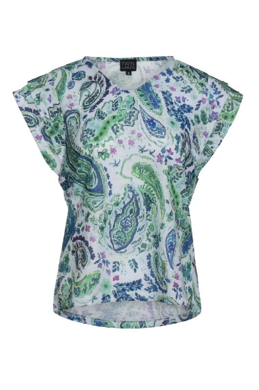 Pullover women's topsV neck Top with flutter sleeve | GREEN PAISLEY | 6809AR