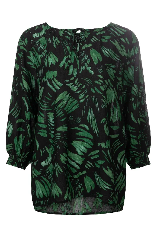 Vintage women's topsCotton Blend Top | Green Blk Brushstroke | 6546A1