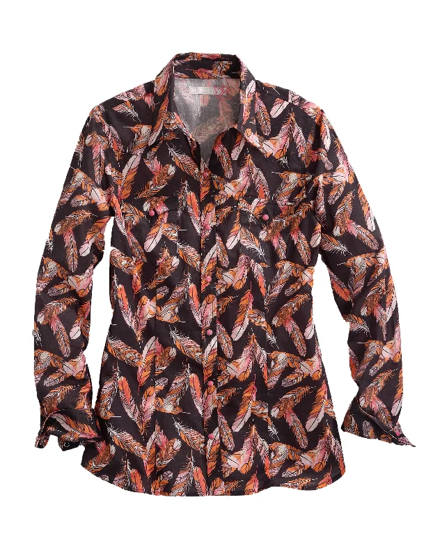 Wrap women's topsWOMENS LONG SLEEVE SNAP GRAY FEATHER PRINT WESTERN SHIRT