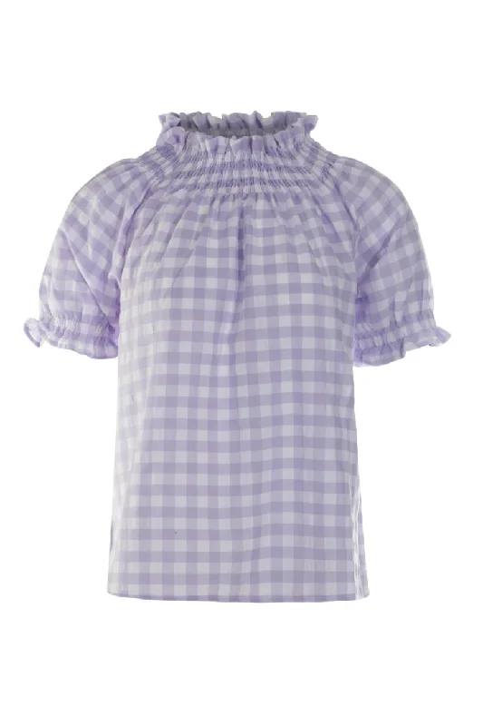 Elegant women's topsGingham Top with frill neck | Lilac/White Big Check | 4074AR