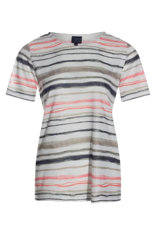 Camo print women's topsRopund neck Printed Slub Top | Coral Olive Stripe | 6791AR