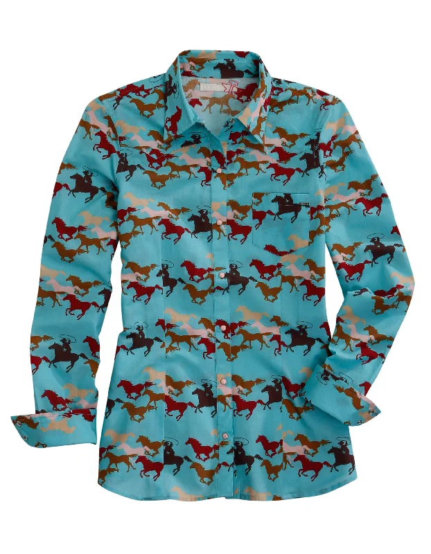 Striped women's topsWOMENS LONG SLEEVE SNAP WILD MUSTANG PRINT WESTERN SHIRT