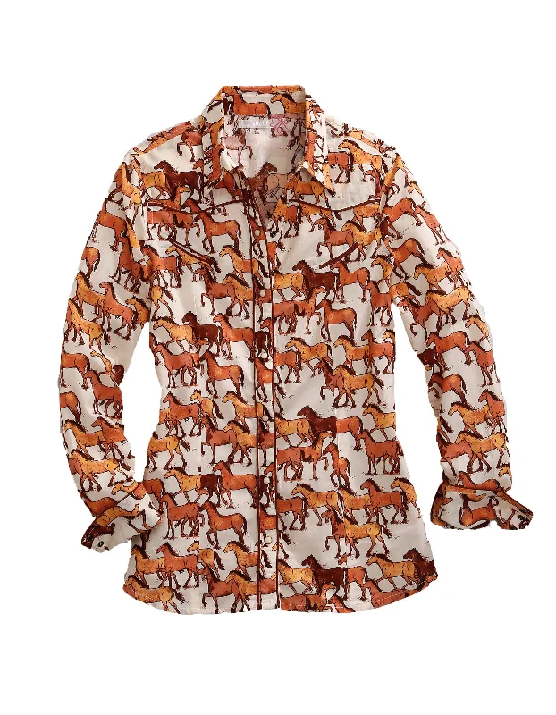 Peter Pan collar women's topsWOMENS LONG SLEEVE SNAP COURSES OF HORSES PRINT WESTERN SHIRT