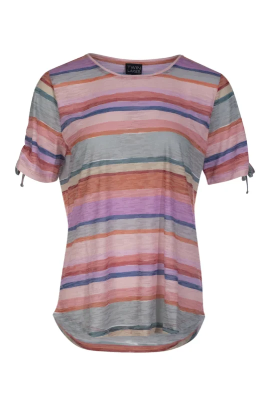 V-neck women's topsRouching and bow Burnout Top | Sage Pink Stripe | 6064AR