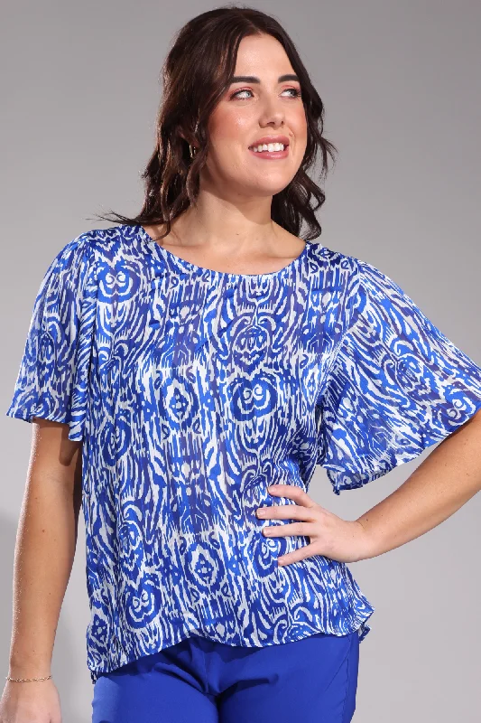 Lace-up women's topsPrinted Ribbon Chiffon Top | Marine Aztec | 7121A1