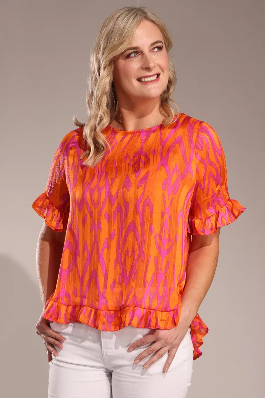 Camo print women's topsHi low hemline Ribbon Chiffon Top | Pink Orange Abstract | 7124A1