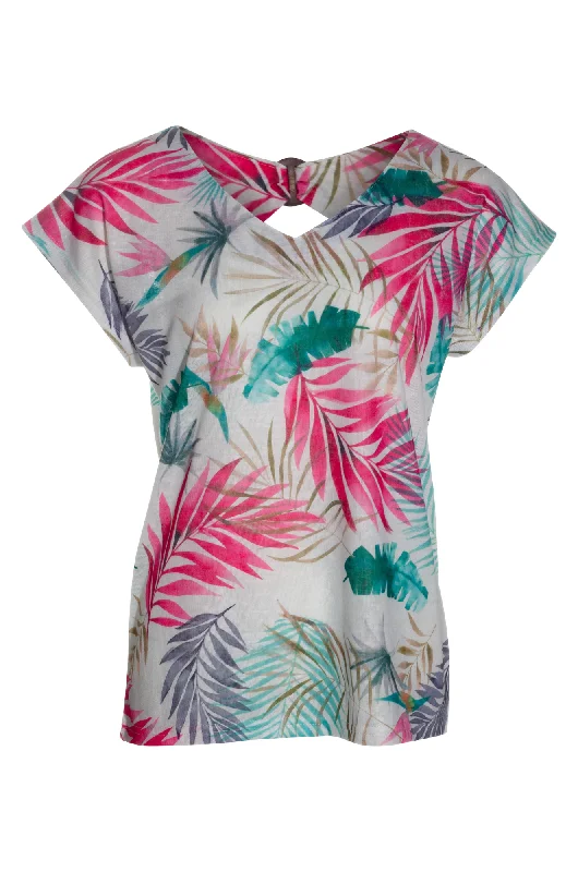 Coral women's topsBack buckel detail on printed Top | Cerise Jade Palm | 6793AR