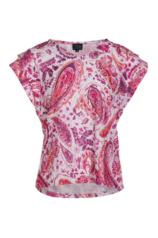 Bodycon women's topsV neck Top with flutter sleeve | PINK PAISLEY | 6809AR