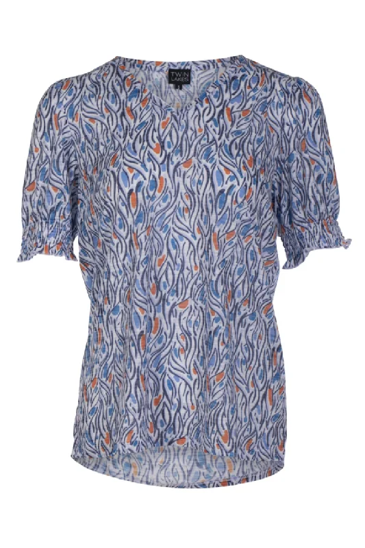 Water-resistant women's topsV neck Burnout Top | Blues Orange Swirls | 6065AR